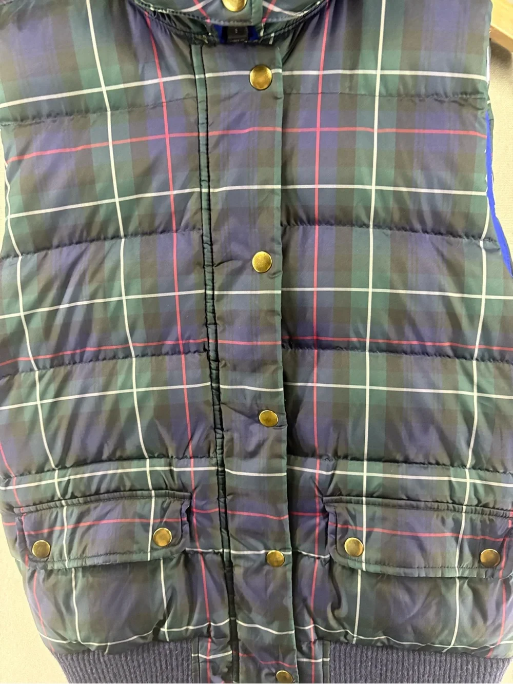 J. CREW Puffer Hood Vest Womens Small Tartan Plaid Duck Down Waterfowl Feather